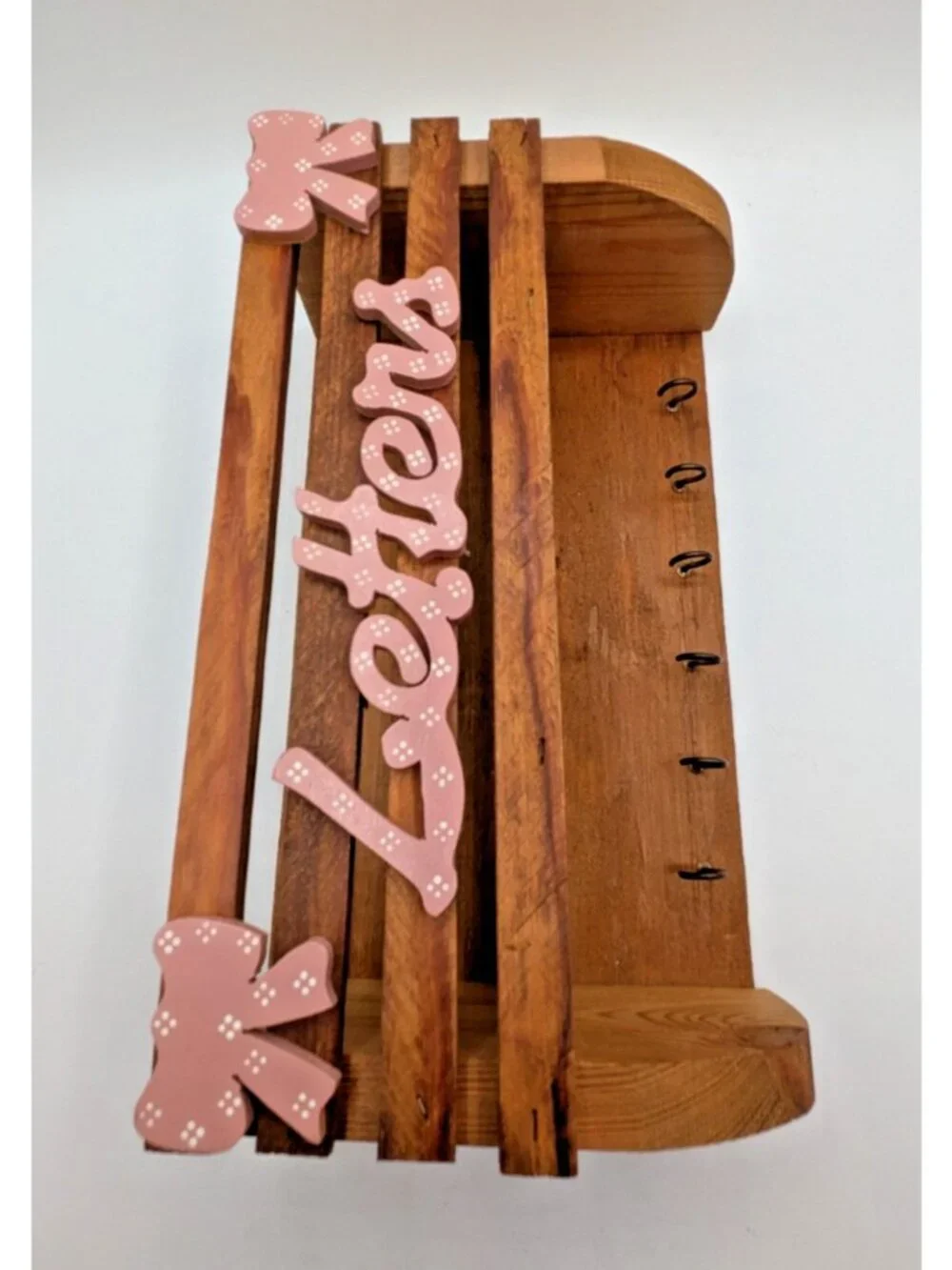 Vtg Wood Key Mail Letter Hanging Holder Rack Wall Mount 6 Hooks Pink Bows 12